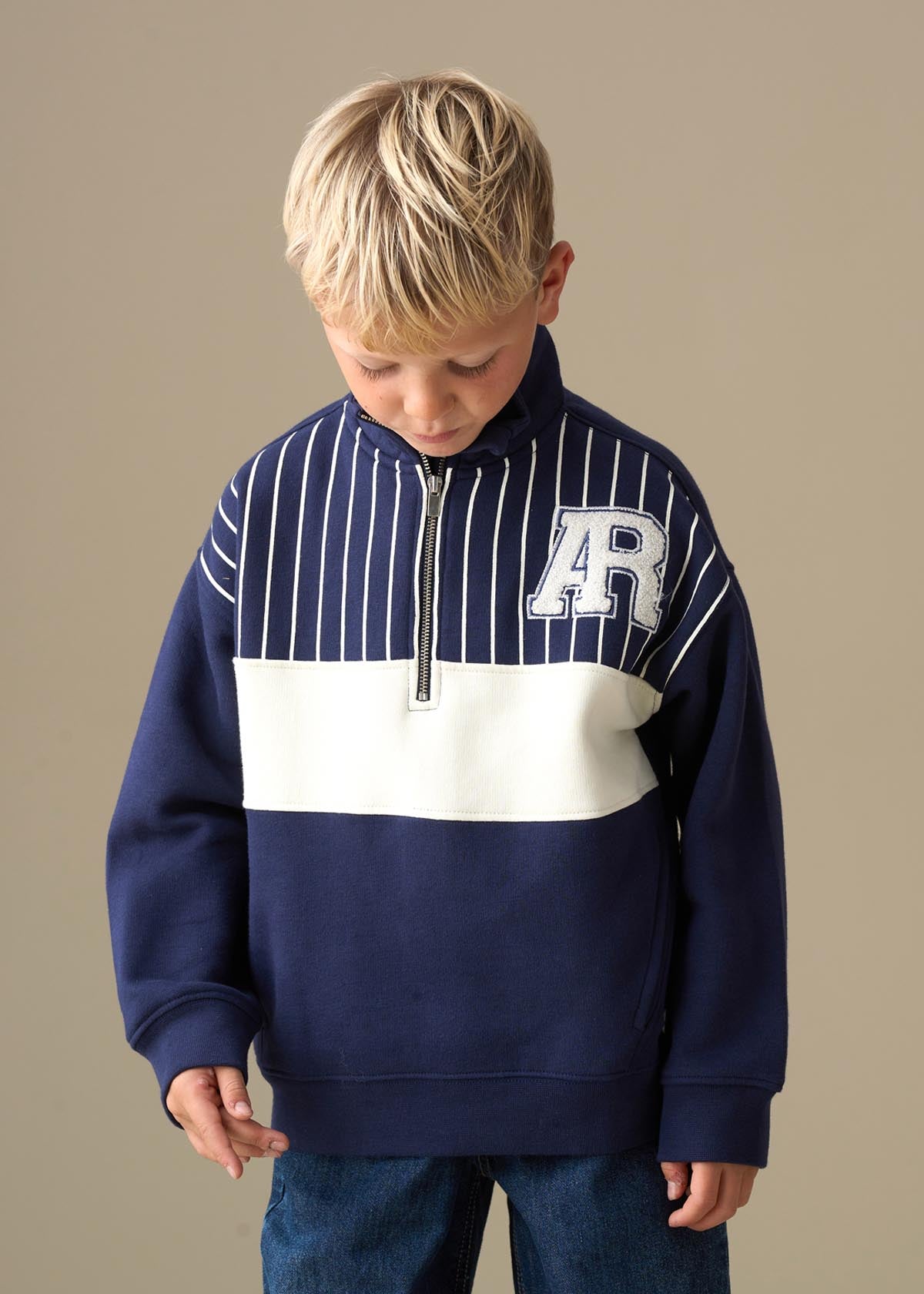 navy blue boys zip neck cut and sew sweatshirt