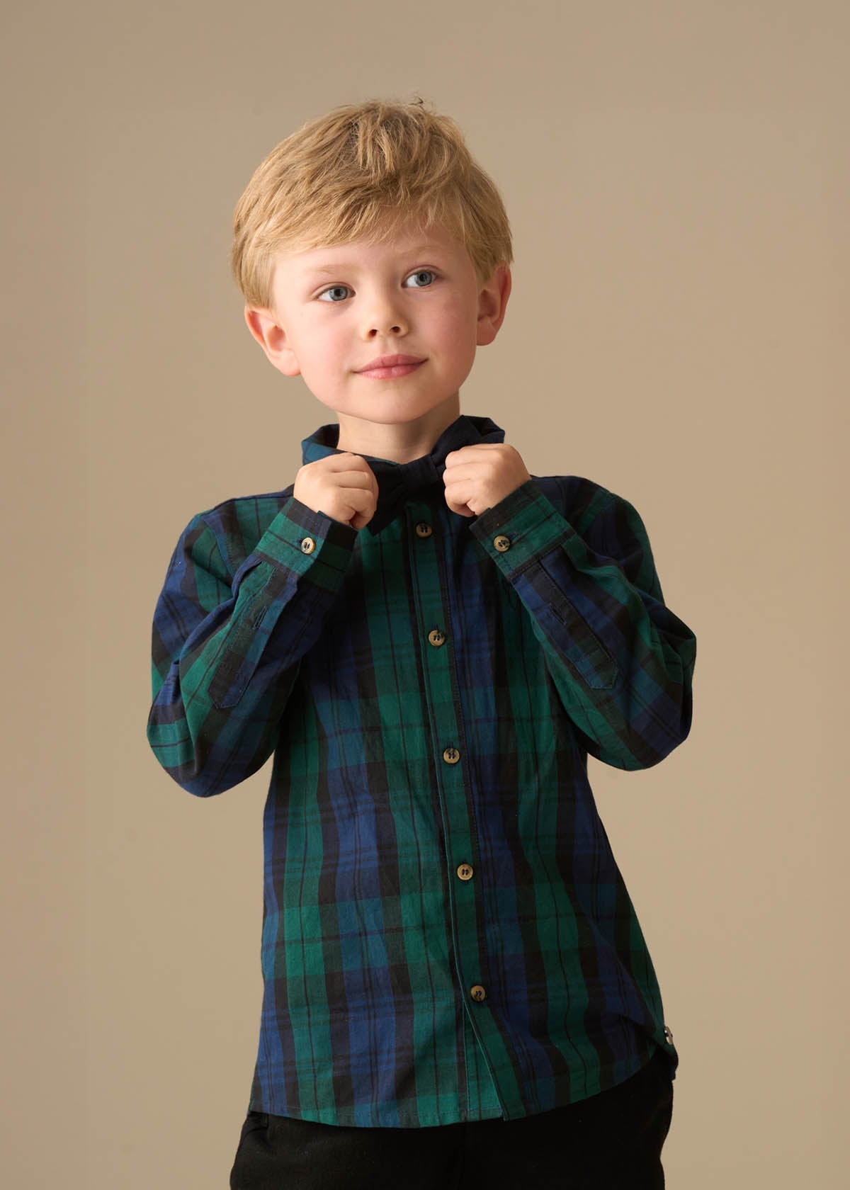 checked boys plaid shirt with bow tie