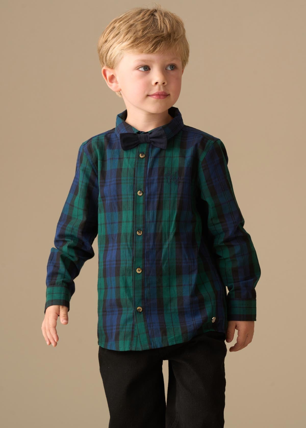 button boys plaid shirt with bow tie