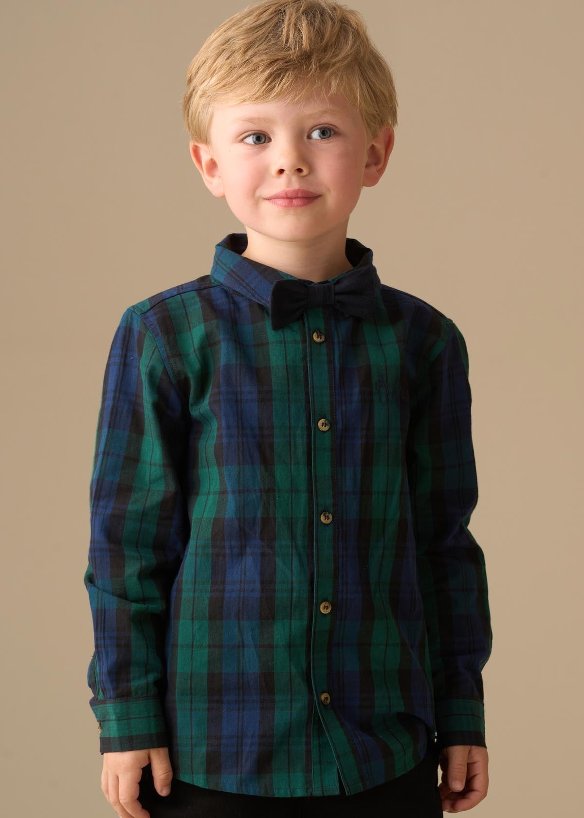green boys plaid shirt with bow tie