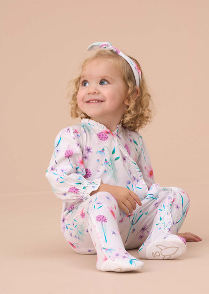 New Born White Print Frill Babygrow & Headband