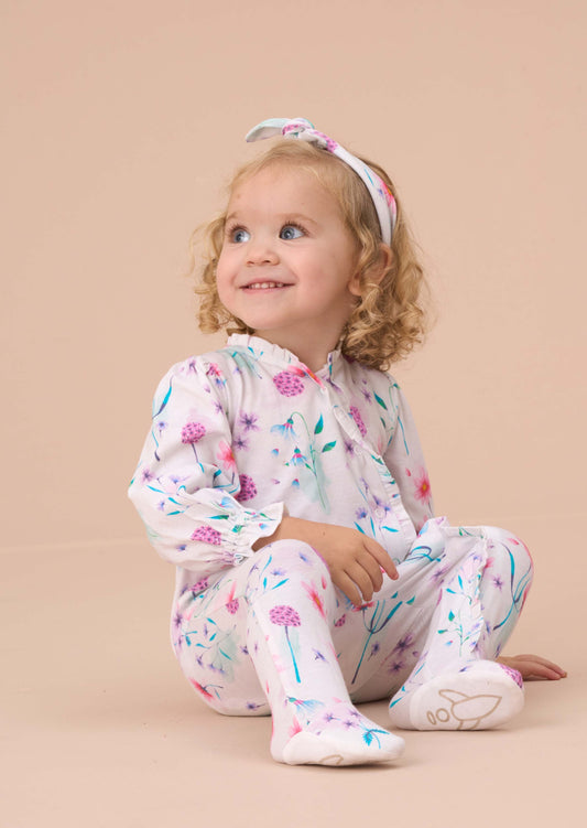 New Born White Print Frill Babygrow & Headband