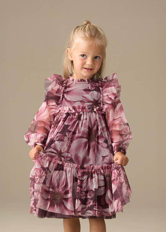 Girls Floral Print Mesh Dress