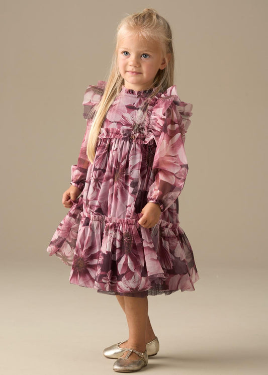 Girls Cotton Floral Print Mesh Dress