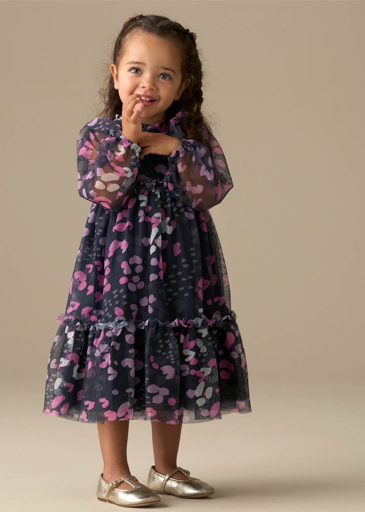 midi girl print mesh dress